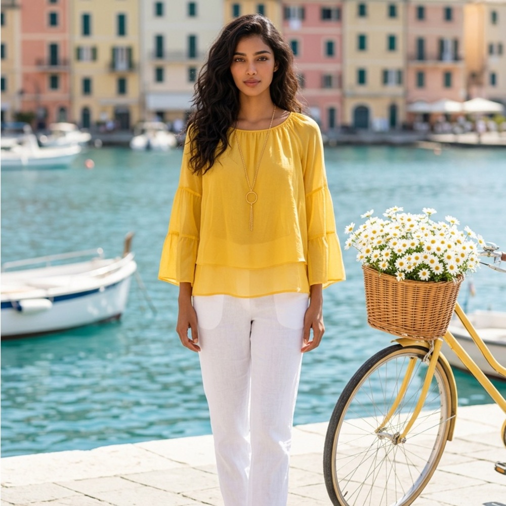 JM Collection Bright Yellow Boho Blouse/Coastal Cowgirl Bell Sleeve Top